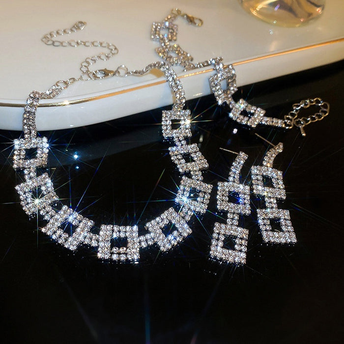 Western Style Alloy Rhinestone Square Necklace Earrings Bracelet Jewelry Set For Women