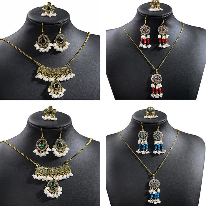 Vintage Bohemian Alloy Rhinestone Floral Pearl Tassel Jewelry Set Ethnic Luxury Drop Earrings