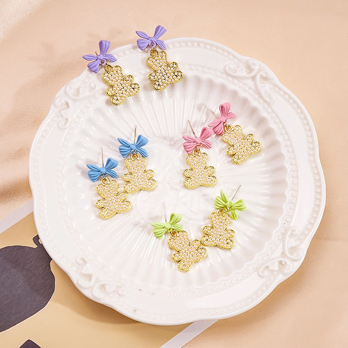 Cute Enamel Bow Rhinestone Bear Drop Studs Elegant Sweet Colorful Alloy Summer Fashion Earrings
