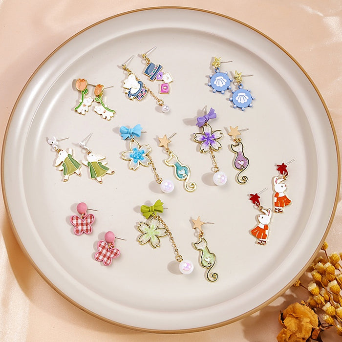 Silver Needle Cartoon Enamel Tassel Stud Earrings Bow Flower Letter Popcorn Alloy Drops