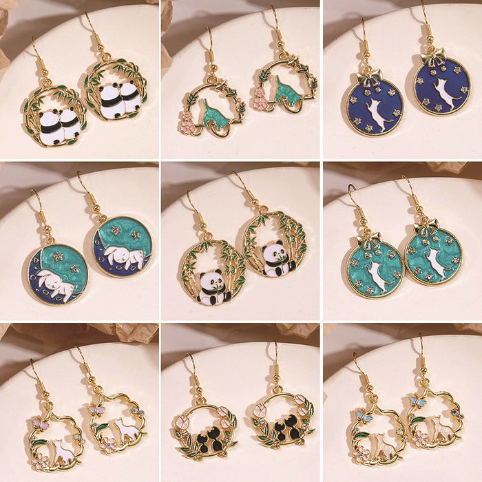 Cartoon Enamel Bow Cat Stud Earrings French Cute Panda Rhinestone Drop Earrings