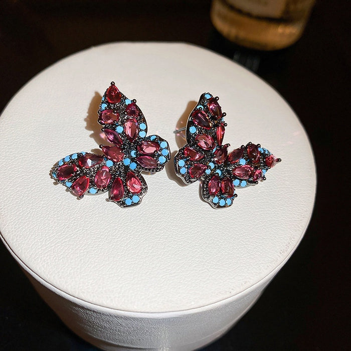 Vintage Zircon Butterfly Stud Earrings With Silver Pins Korean Light Luxury Women's Ear Jewelry