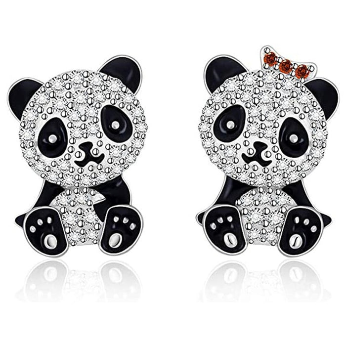 Creative Cute Panda Bow Stud Earrings, Chinese Style Niche Full Zircon Fashion Ear Jewelry