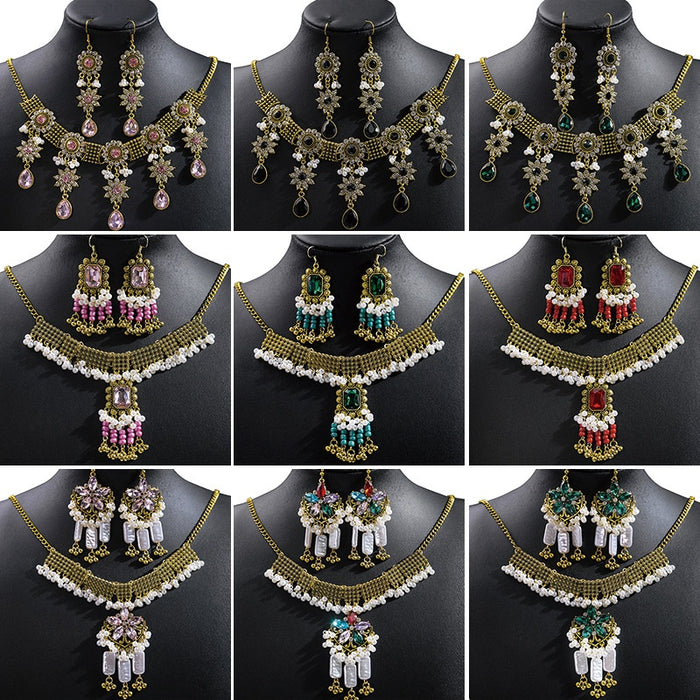 Bohemian Crystal Jewelry Set Ethnic Rhinestone Tassel Necklace And Earrings Set