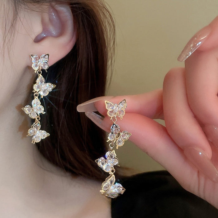 Light Luxury Zircon Butterfly Tassel Drop Earrings With Silver Pins For Women