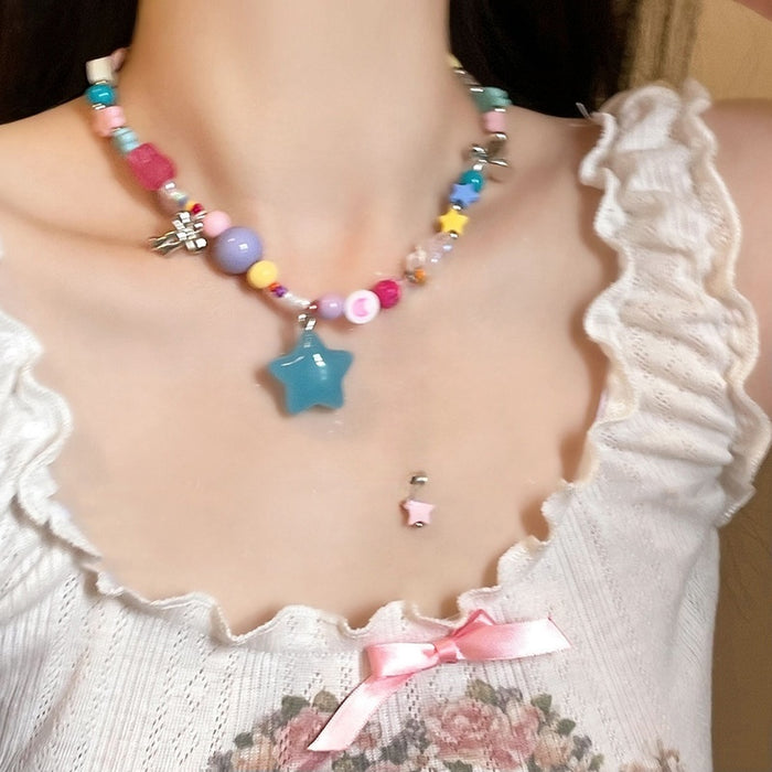 Colorful Alloy Five Point Star Flower Heart Necklace Sweet Cool Niche Collarbone Jewelry
