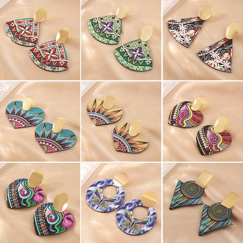 Silver Needle Acrylic Heart Drop Earrings With Floral Graffiti Geometric Boho Round Stud Design