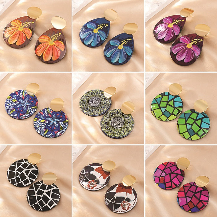 Silver Needle Acrylic Heart Drop Earrings With Floral Graffiti Geometric Boho Round Stud Design