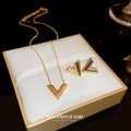 Gold Stainless Steel V Shape Letter Necklace And Stud Earrings Jewelry Set view 4