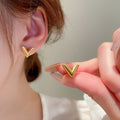Gold Stainless Steel V Shape Letter Necklace And Stud Earrings Jewelry Set view 3