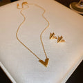 Gold Stainless Steel V Shape Letter Necklace And Stud Earrings Jewelry Set view 2