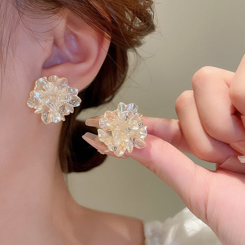 Gold Plated Resin Flower Rhinestone Stud Earrings With Silver Posts, French Forest Style