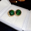 Gold Plated Silver Post Emerald Zircon Square Stud Earrings French Light Luxury Jewelry view 4