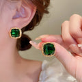 Gold Plated Silver Post Emerald Zircon Square Stud Earrings French Light Luxury Jewelry view 1