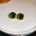 Gold Plated Silver Post Emerald Zircon Square Stud Earrings French Light Luxury Jewelry view 2