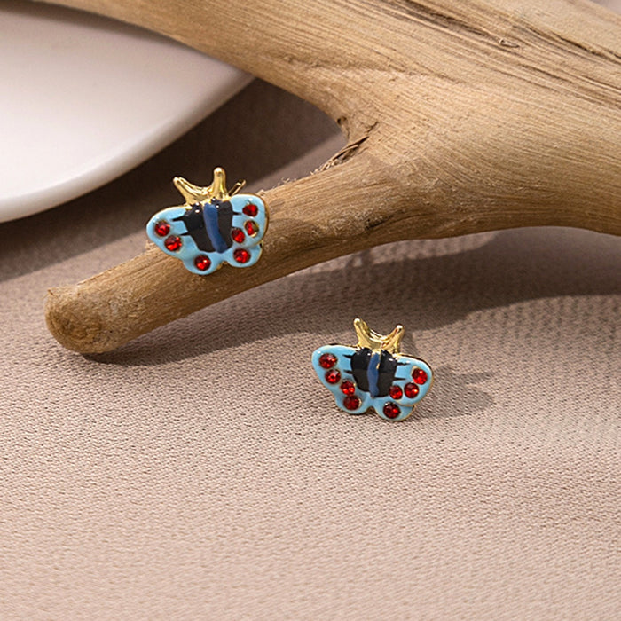 Vintage Mini Butterfly Enamel Studs With Red Rhinestone Inlay Sweet Cool Style Earrings