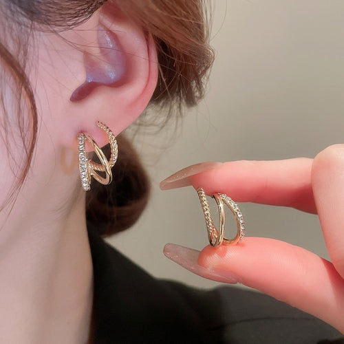 Real Gold Plated Copper C-Shaped Zircon Layered Stud Earrings With Silver Posts French Light Luxury
