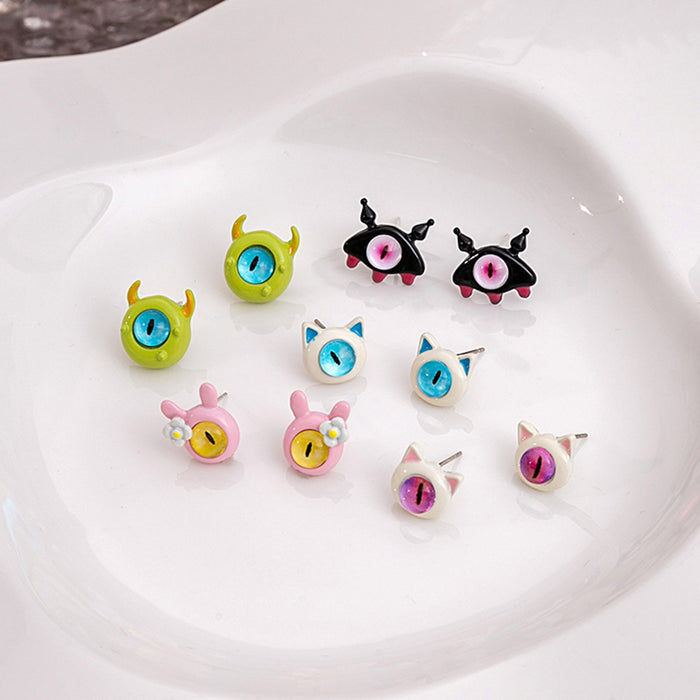 Cute Mini One-Eyed Cat And Monster Enamel Cat Eye Stone Silver Needle Fashion Stud Earrings