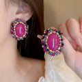 Vintage Oval Artificial Crystal Stud Earrings With Silver Posts And Rhinestone Geometric Design view 1