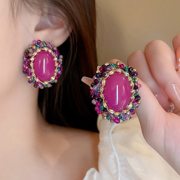 Vintage Oval Artificial Crystal Stud Earrings With Silver Posts And Rhinestone Geometric Design