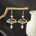 Vintage Chinese Style Hollow Fan Cloud Alloy Pearl Teardrop Tassel Dangle Earrings view 2
