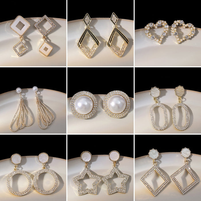 Rhinestone Hollow Geometric Pearl Enamel Bow Drop Earrings Light Luxury Jewelry