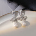 Rhinestone Hollow Geometric Pearl Enamel Bow Drop Earrings Light Luxury Jewelry view 4