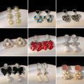 Rhinestone Hollow Geometric Pearl Enamel Bow Drop Earrings Light Luxury Jewelry view 2