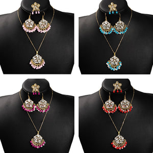 Vintage Bohemian Alloy Rhinestone Crystal Beaded Jewelry Set With Statement Necklace Ring Earrings