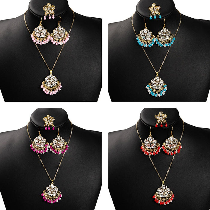 Vintage Bohemian Alloy Rhinestone Crystal Beaded Jewelry Set With Statement Necklace Ring Earrings
