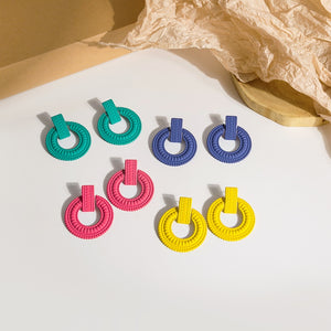Colorful Textured Round Hoop Drop Studs, Minimalist Statement Alloy Circle Dangle Earrings