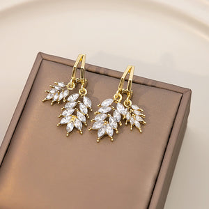 Luxury Zircon Wheat Leaf Stud Drop Earrings With Gold Plated Alloy Hollow Branch Design Earrings
