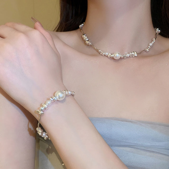 Light Luxury Metal Pearl Irregular Splice Necklace Bracelet Jewelry Set