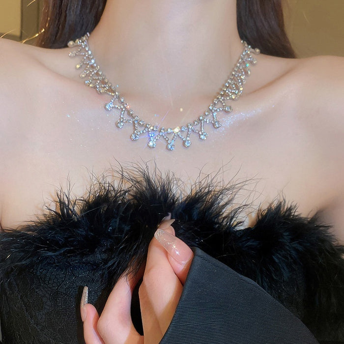 Korean Style Copper Geometric Line Tassel Necklace With Rhinestone Pull Chain For Women