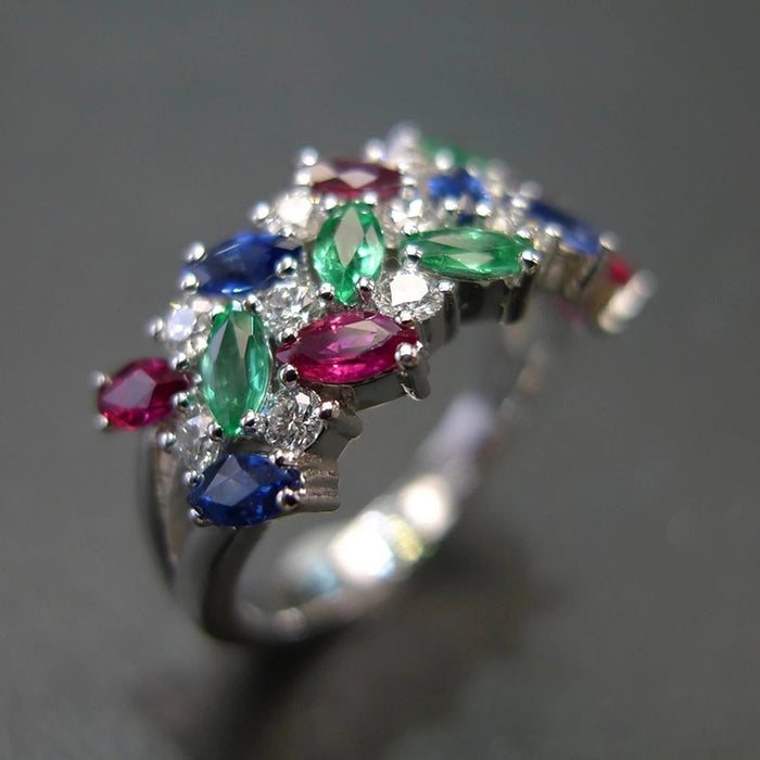 Colorful Marquise Zircon Three Row Inlaid Ring Trendy Personality Index Finger Ring For Women