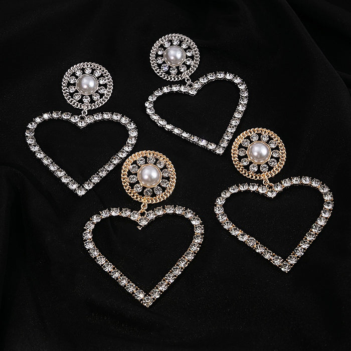 Luxury Rhinestone Hollow Heart Drop Earrings With Pearl Alloy Studs Elegant Statement Earrings