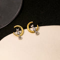 Elegant French Alloy Crescent Moon Cat Stud Earrings, Light Luxury Two Tone Metal Dangle Charm Earrings view 2