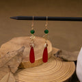 Elegant Vintage Chinese Cloud Charm Green Crystal Bead Red Teardrop Alloy Qipao Dangle Earrings view 2