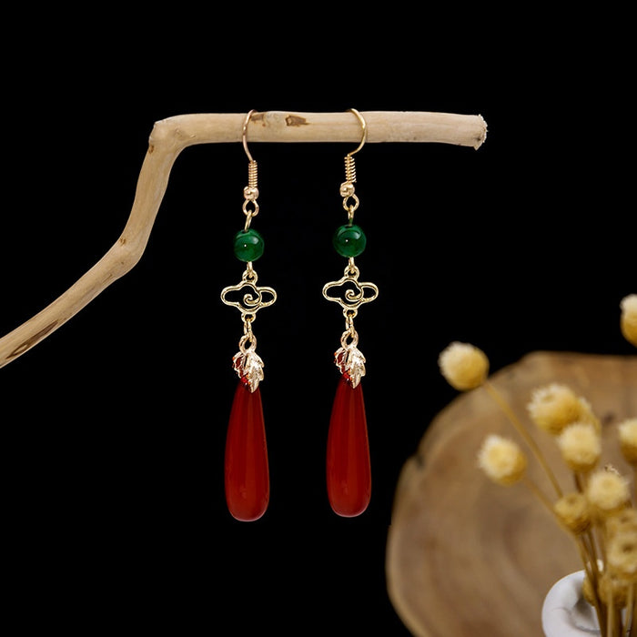 Elegant Vintage Chinese Cloud Charm Green Crystal Bead Red Teardrop Alloy Qipao Dangle Earrings