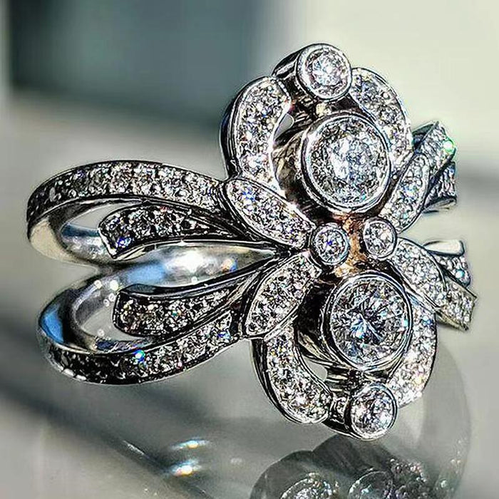 Vintage European Style Floral Round Zircon Ring, Symmetric Cross Women's Fashion Finger Ring