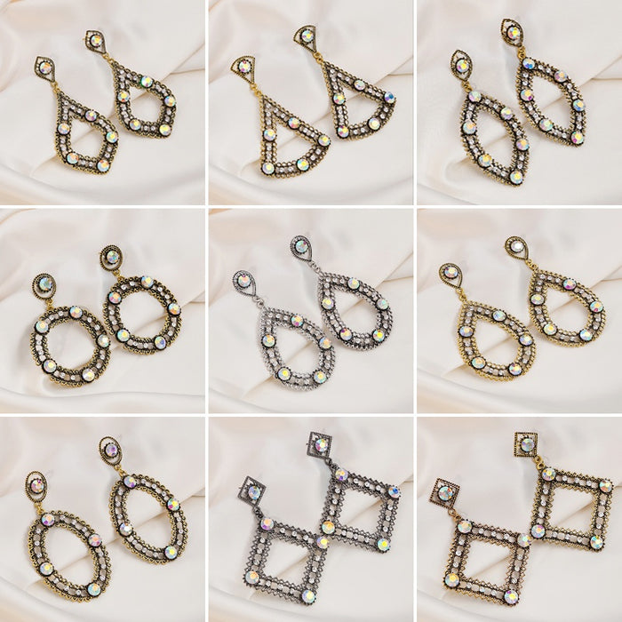 European Vintage Geometric Drop Earrings Antique Metal Waterdrop Rhombus Hollow Earrings