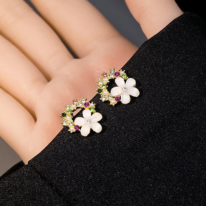 Elegant Fresh Flower Wreath Studs With Colorful Rhinestone Zircon And Pearl Petal Women Fashion Earrings