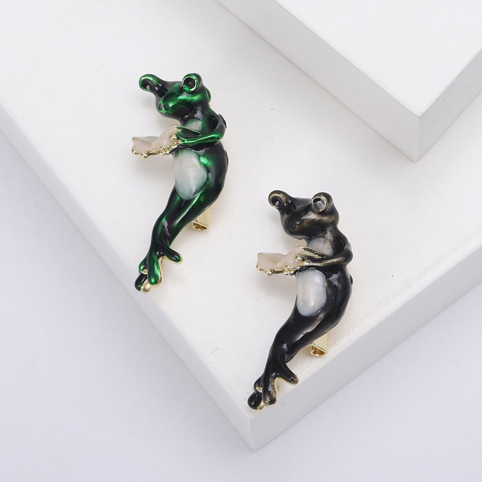 Alloy Enamel Reading Frog Brooch Pin For Suits And Coats