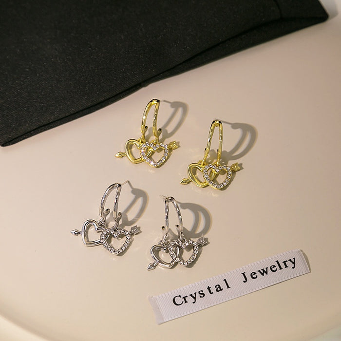 Elegant Zircon Cupid Arrow Double Heart Hoop Stud Earrings For Women Luxury Alloy Crystal Jewelry Earrings