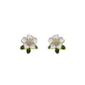 Elegant White Enamel Camellia Flower Studs With Green Leaves And Rhinestone Center Alloy Earrings view 5