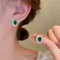 Vintage Green Zircon Oval Stud Earrings Copper Multi Layer Rhinestone Light Luxury Jewelry view 1