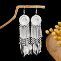 Bohemian Long Tassel Stud Earrings With Miao Silver Geometric Round Fish Pendant, Ethnic Vintage Style view 3