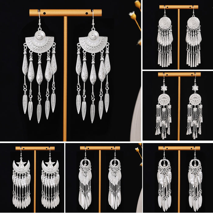 Bohemian Long Tassel Stud Earrings With Miao Silver Geometric Round Fish Pendant, Ethnic Vintage Style