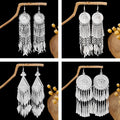 Bohemian Long Tassel Stud Earrings With Miao Silver Geometric Round Fish Pendant, Ethnic Vintage Style view 2