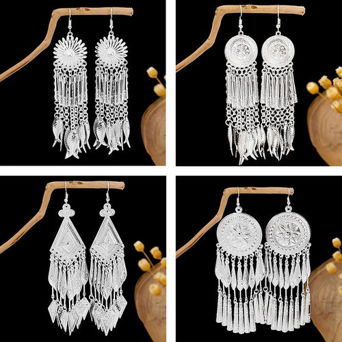 Bohemian Long Tassel Stud Earrings With Miao Silver Geometric Round Fish Pendant, Ethnic Vintage Style